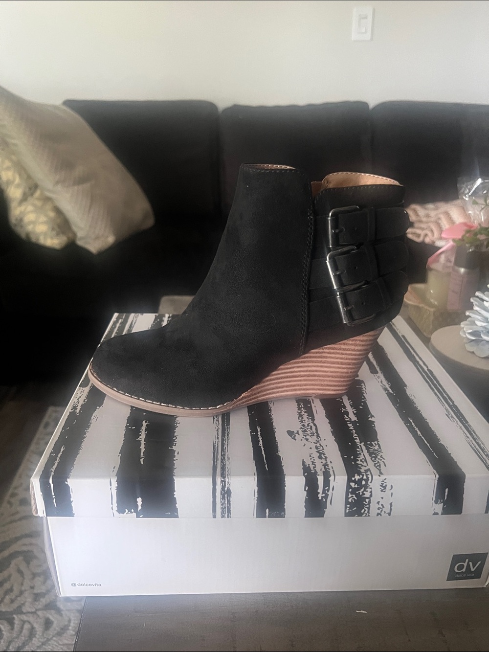Dolce Vita Black Suede Wedge Booties with Brown Stacked Heel